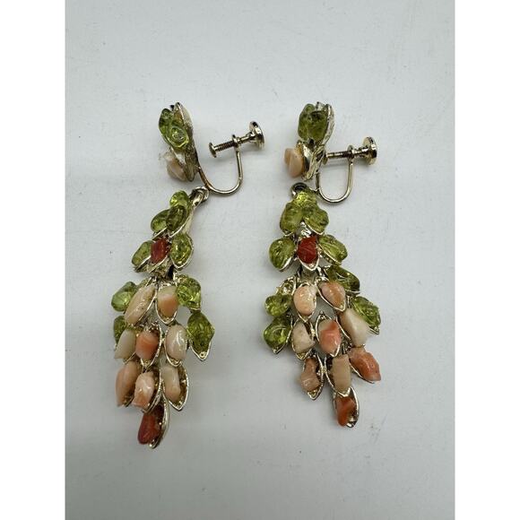 Vintage Green Orange Coral Rhinestone Dangle Clip On Earrings Screw Back 2.5“ - Picture 1 of 8